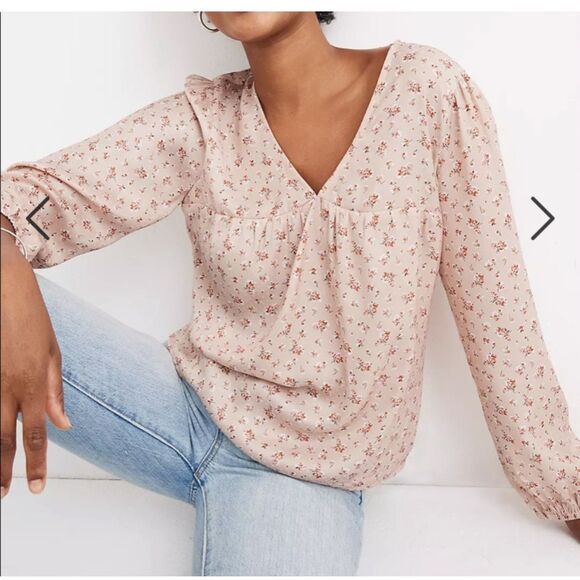 Madewell Satin Puff sleeve v neck top in Babys breath size medium - Picture 1 of 5